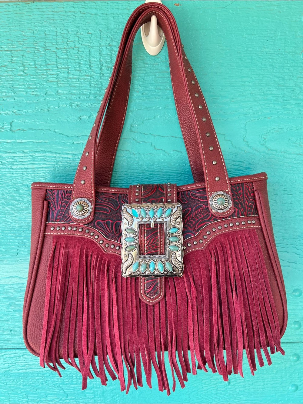 TRINITY RANCH TOOLED RED LEATHER 3 COMPARTMENT TURQUOISE CONCHO CLOSURE BAG NWOT